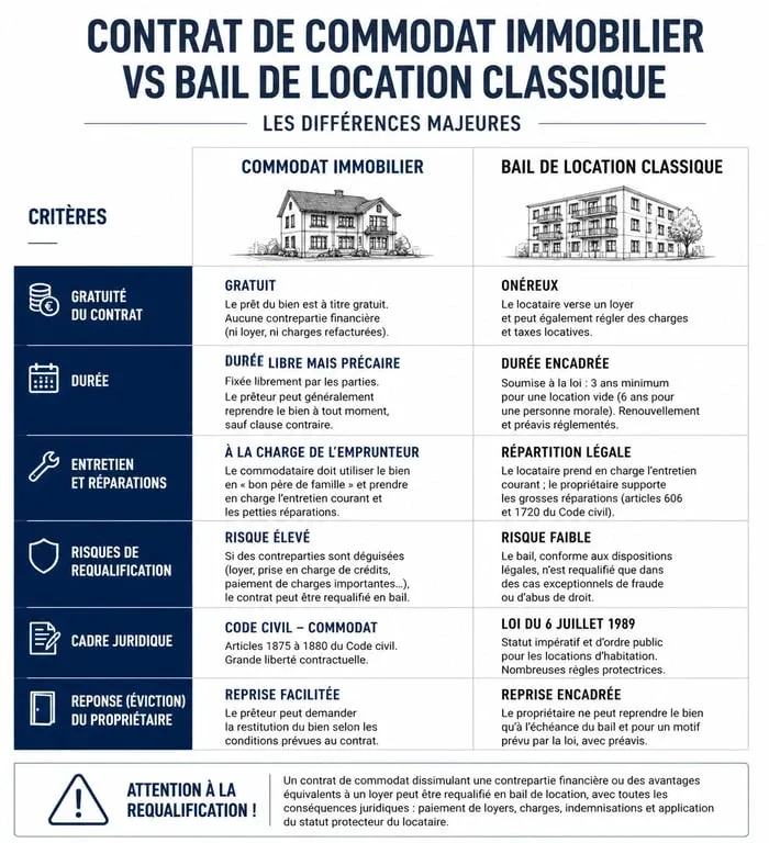 Tableau comparatif entre commodat immobilier et bail de location pour comprendre les différences juridiques.