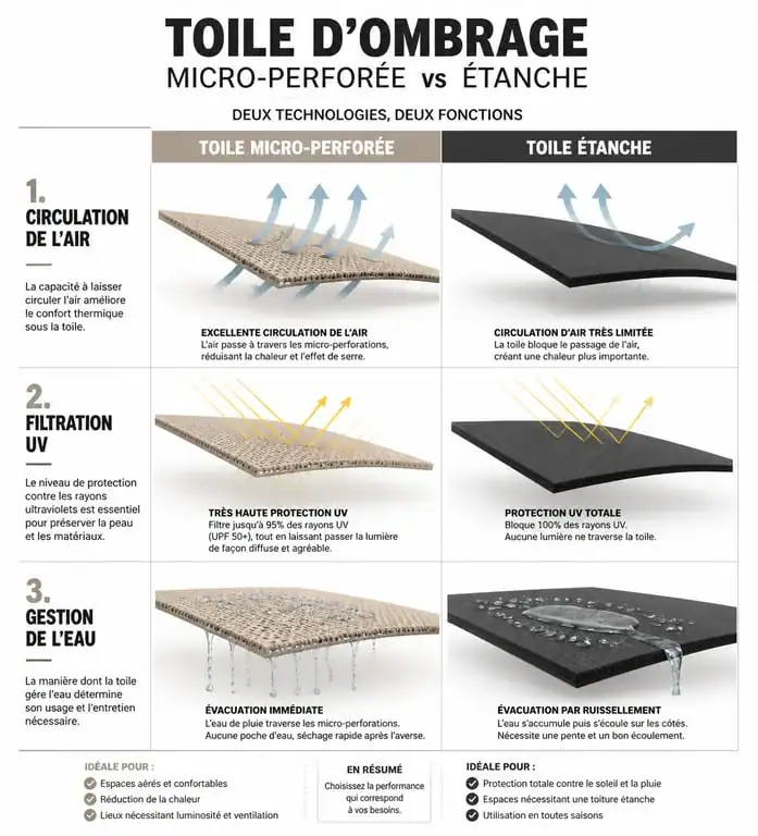 Comparatif technique des bâches d'ombrage : toile micro-perforée vs toile étanche