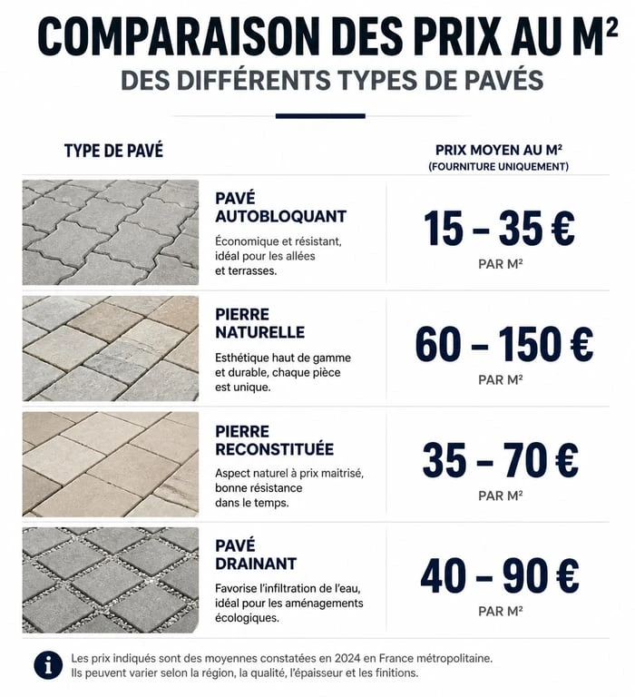 Comparatif des prix au m2 pour la pose de pavés : béton, pierre naturelle et reconstituée