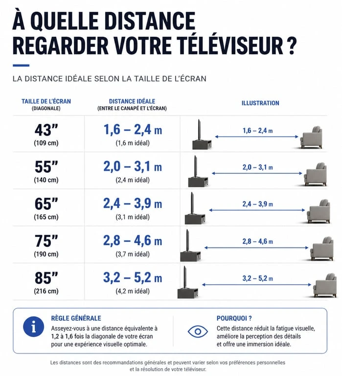 Infographie illustrant la distance idéale entre la télévision et le canapé selon la taille de l'écran