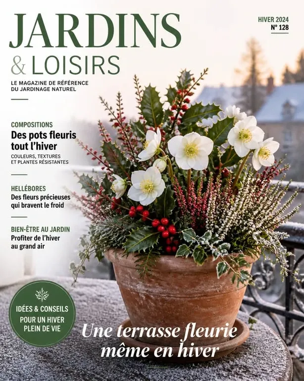 Plante de noel exterieur dans une jardinière festive sur un balcon givré