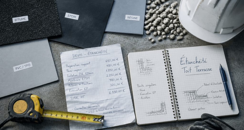 échantillons étanchéité toit terrasse prix au m2 sur plan de travail