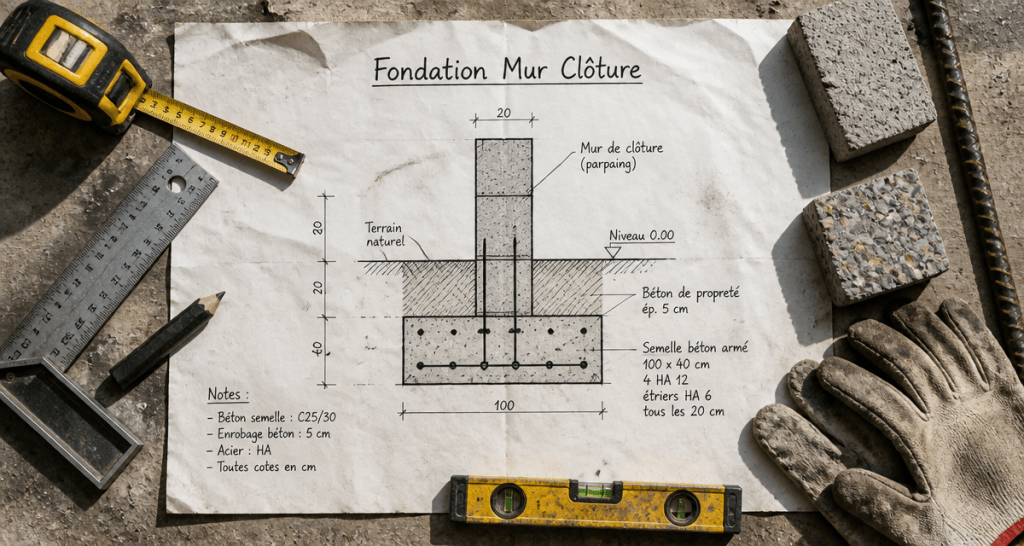 schéma fondation mur de cloture sur chantier