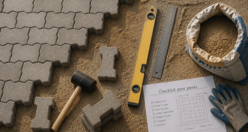 pavé autobloquant pose sur sable avec outils