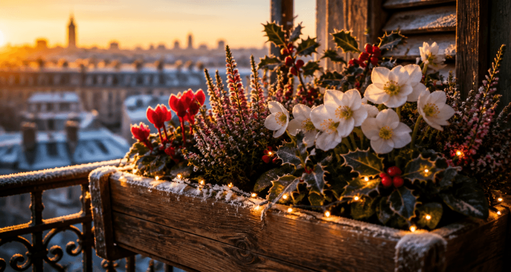 plante de noel exterieur jardiniere givree