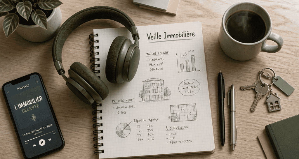 podcast immobilier casque carnet croquis