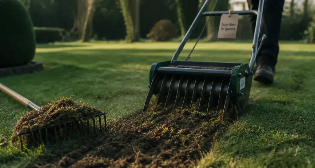 À quoi sert un scarificateur : enlève le feutre pour un gazon dense.