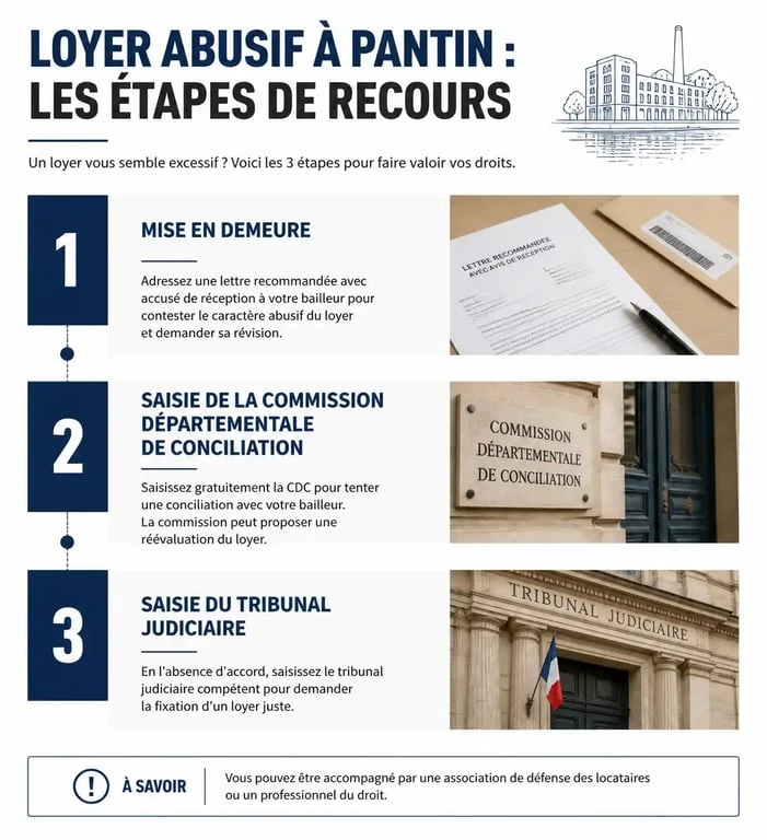 Infographie des étapes de recours pour un loyer abusif dans le cadre de l'encadrement des loyers à Pantin