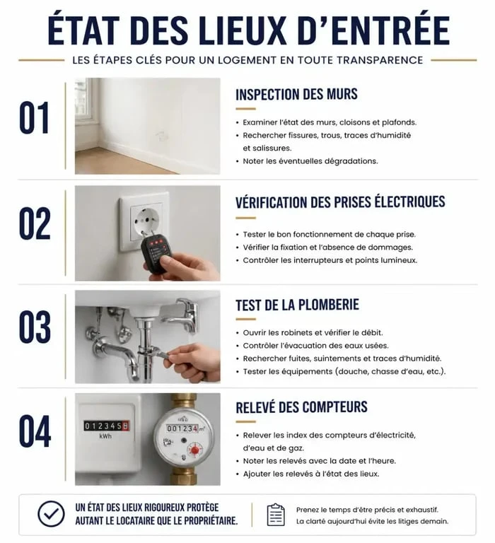 Infographie illustrant les étapes clés pour réussir son état des lieux d'entrée