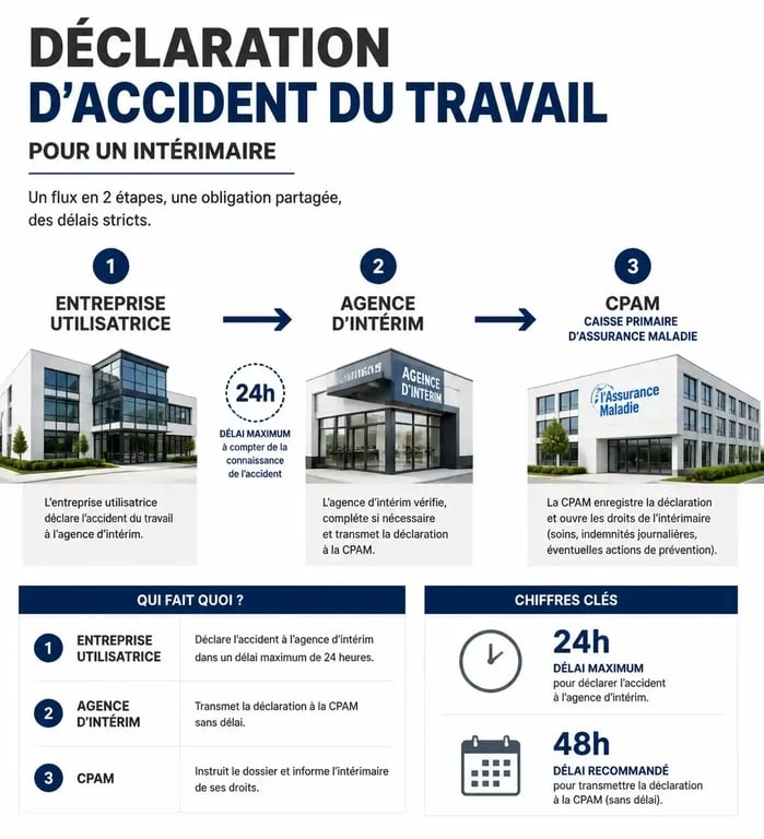 Infographie du processus de déclaration d'accident du travail intérimaire Cerfa 603741