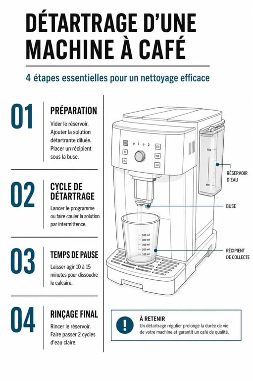Infographie des étapes pour comment détartrer une machine à café efficacement