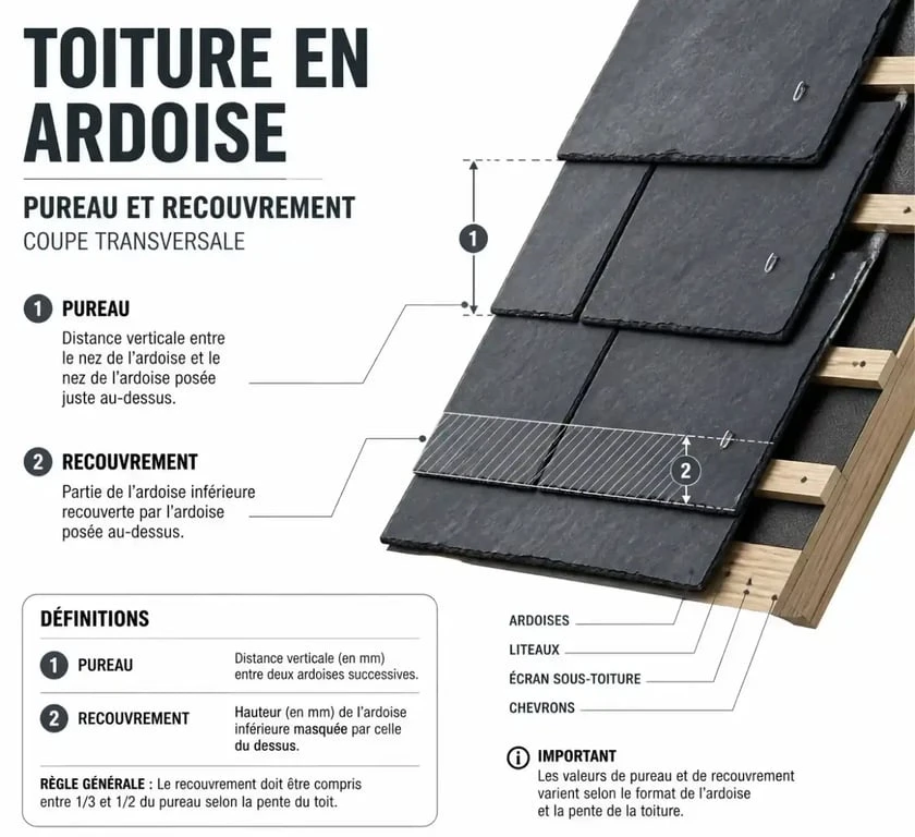 Schéma explicatif du calcul du nombre d'ardoises au m2 avec pureau et recouvrement