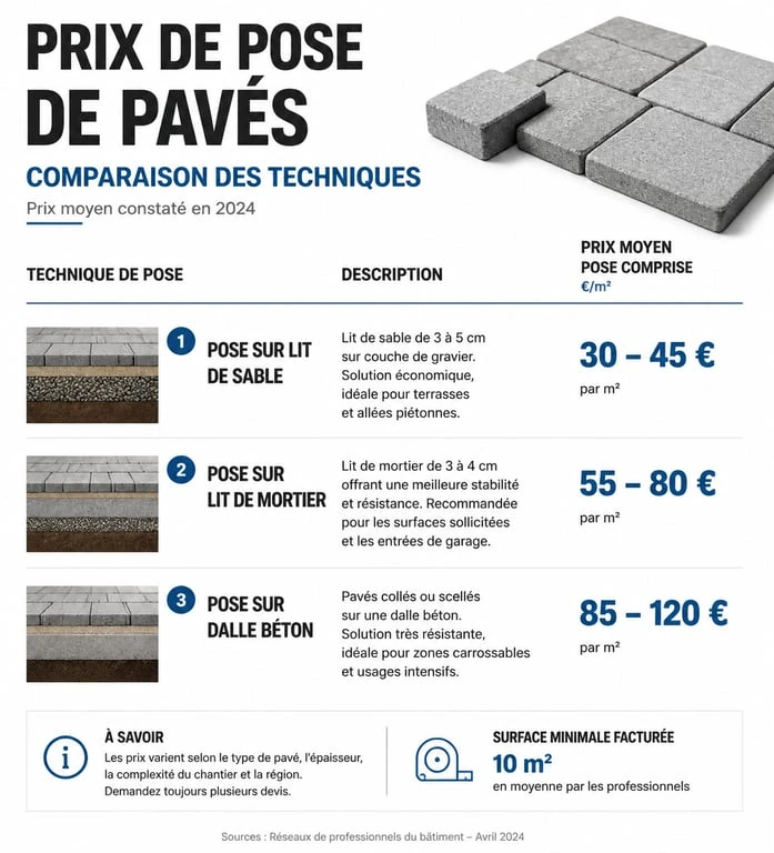 Infographie comparative des prix de pose de pavés au m2 sans fourniture selon la technique utilisée