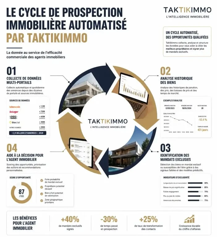 Infographie du processus de prospection immobilière automatisé avec Taktikimmo pour agents immobiliers