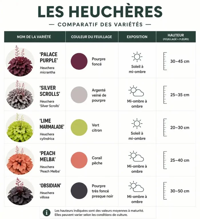 Infographie comparative des plus belles heuchères pour le jardin