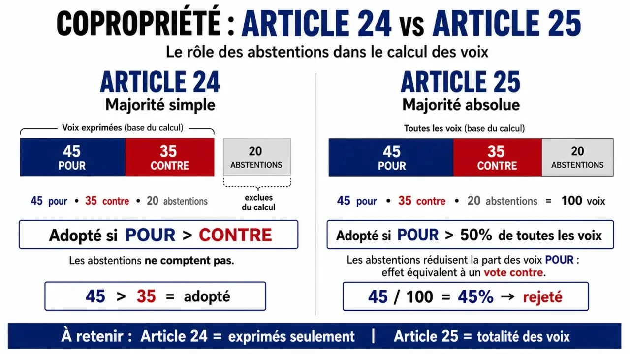 Infographie comparant l'impact de l'abstention sur le calcul des majorités en assemblée générale de copropriété