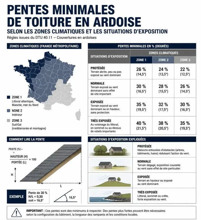 Tableau récapitulatif des pentes minimales pour toiture en ardoise selon le DTU 40.11