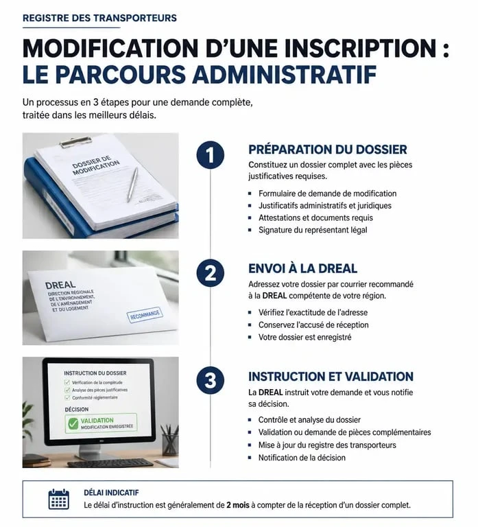 Infographie des étapes de la déclaration de modification au registre du transport routier via le formulaire Cerfa 12725