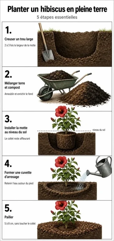 Infographie des étapes pour planter un hibiscus en pleine terre avec succès