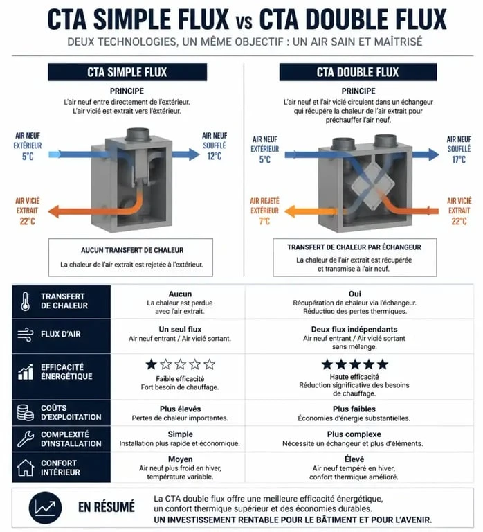 Infographie comparative entre CTA simple flux et double flux pour le chauffage