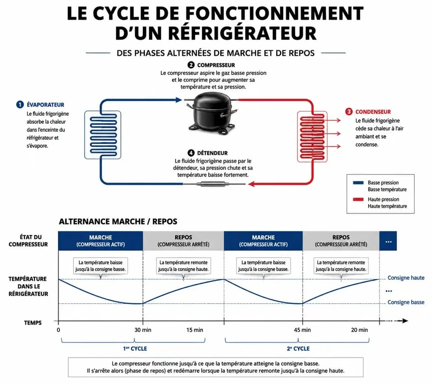 Schéma explicatif du cycle de fonctionnement d'un réfrigérateur : combien de fois par heure en moyenne un frigo tourne-t-il ?