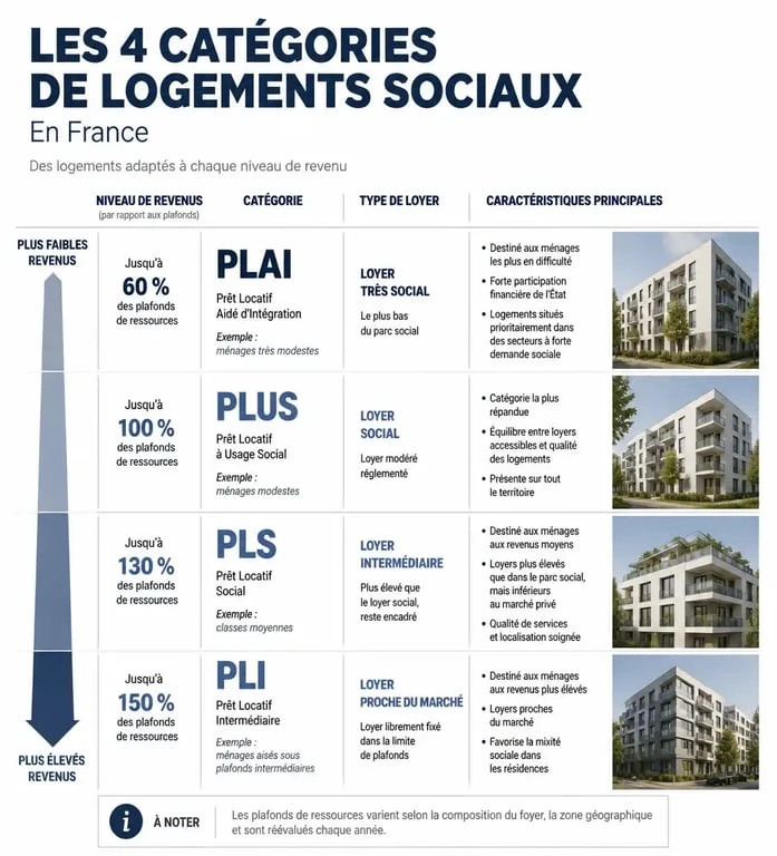 Infographie des catégories de logement à loyer modéré PLAI, PLUS, PLS et PLI
