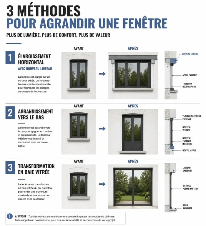 Infographie comparative des méthodes pour agrandir une fenêtre : élargissement, allège et baie vitrée.
