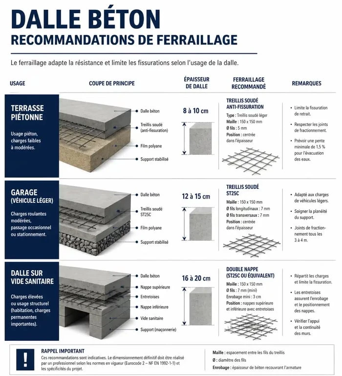 Infographie des recommandations de ferraillage pour dalle béton selon l'épaisseur et l'usage