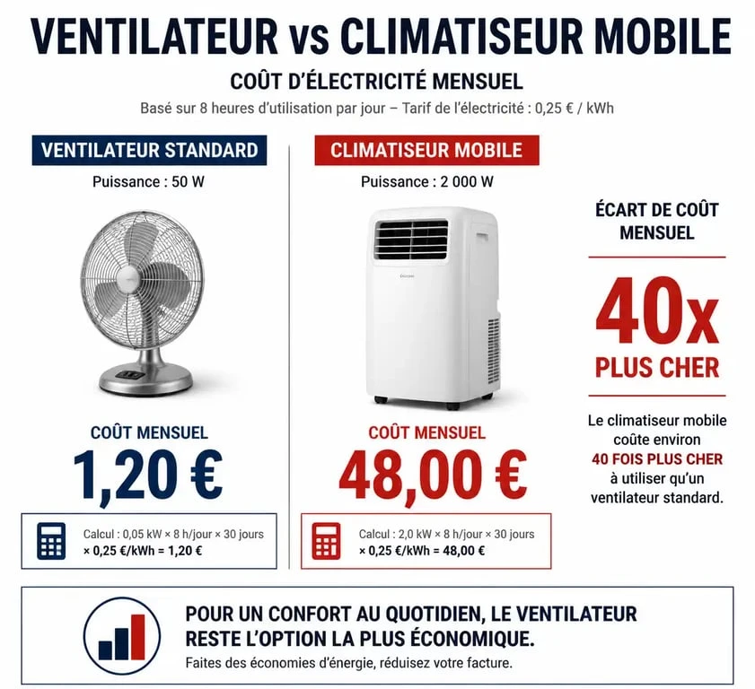 Comparatif de la consommation électrique entre un ventilateur et une climatisation pour évaluer la consommation ventilateur