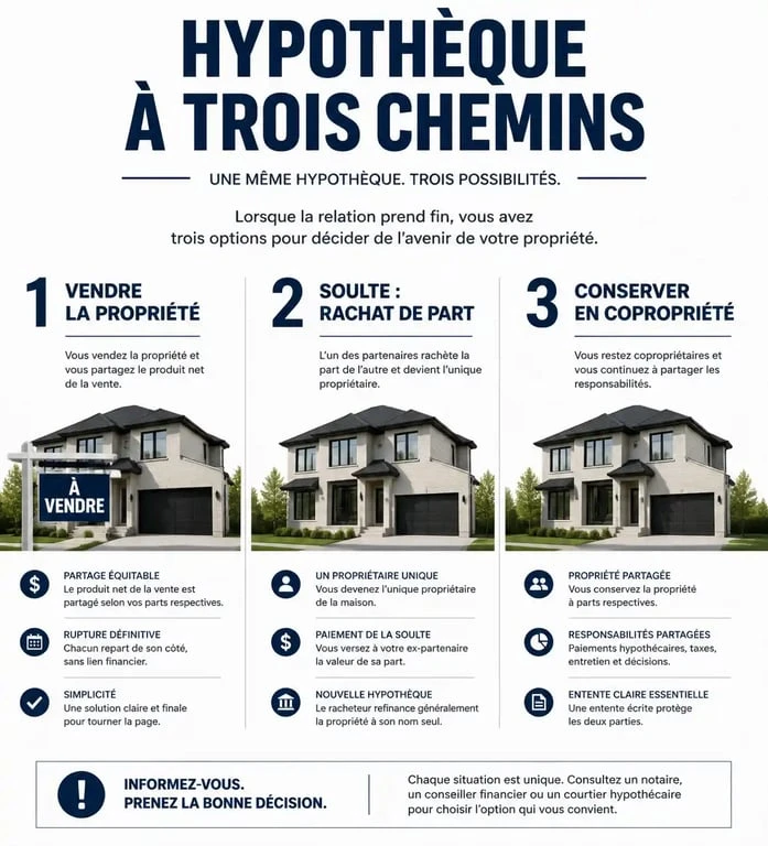 Infographie des options pour un crédit immobilier en cas de divorce : vente, rachat de soulte ou indivision