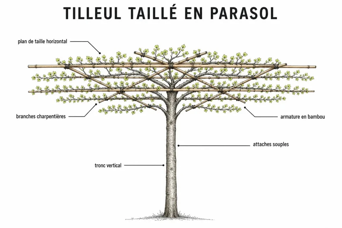 Schéma de taille d'un tilleul en parasol