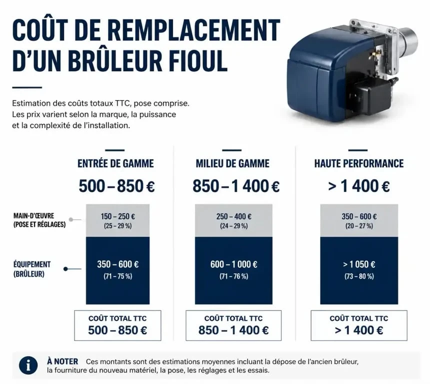 Infographie des prix de remplacement d'un brûleur fioul par gamme de puissance