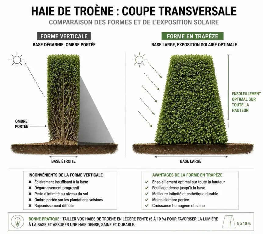 Schéma comparatif de taille de haie de troène pour éviter le dégarnissage à la base