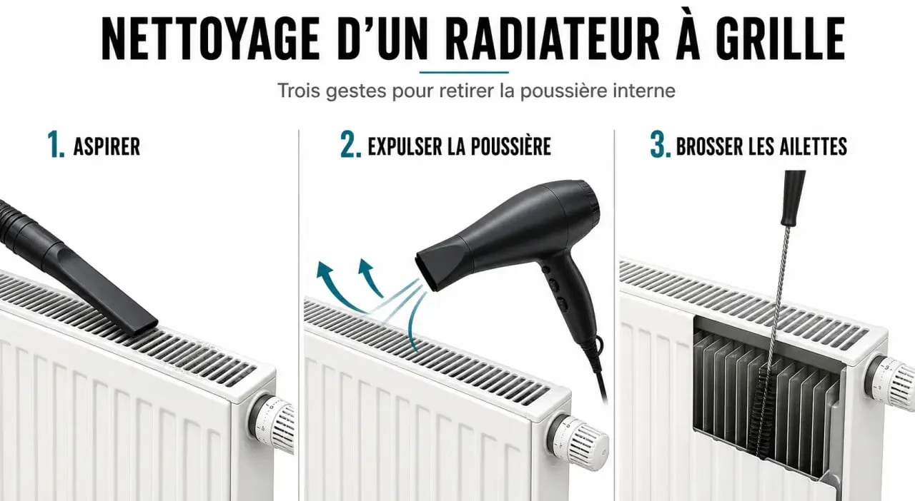 Étapes illustrées pour nettoyer un radiateur avec grille efficacement