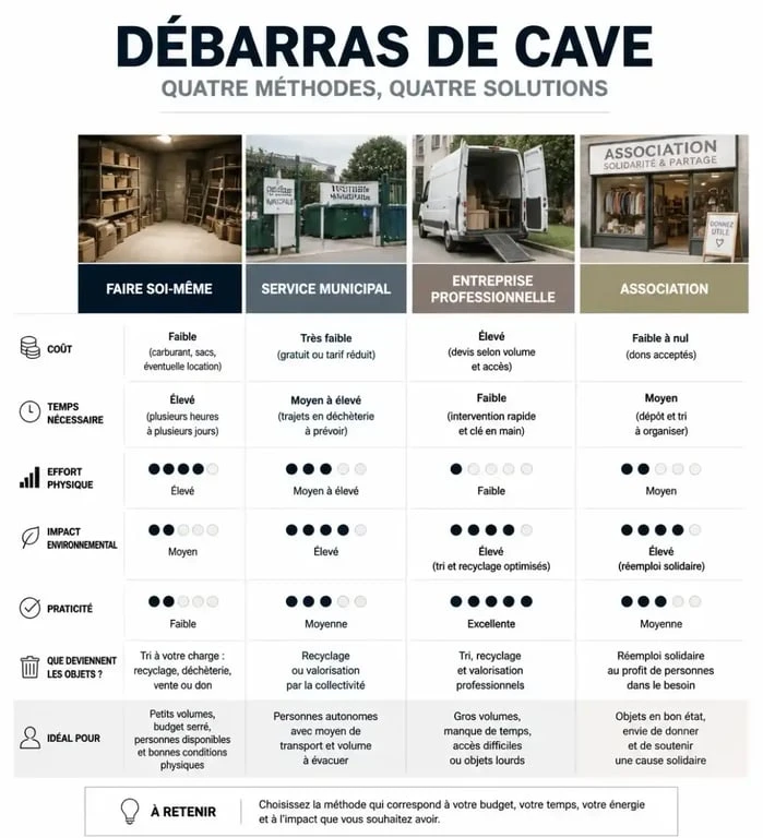 Infographie comparative des solutions pour vider sa cave : professionnel, mairie, association ou soi-même.