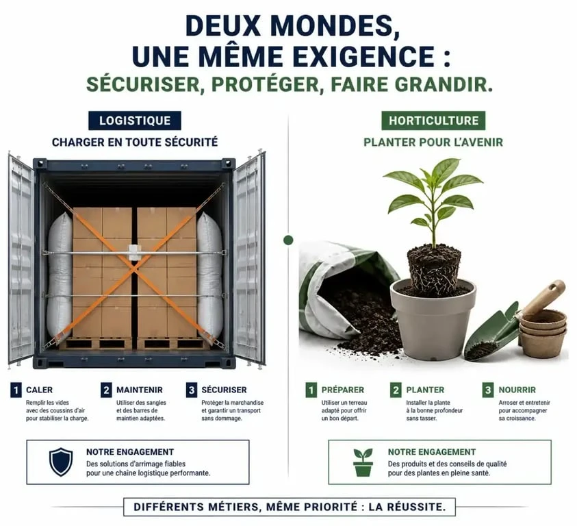 Infographie comparative illustrant l'empotage en logistique et en horticulture