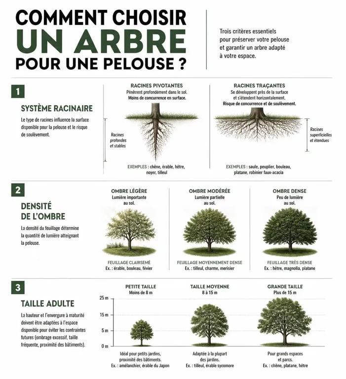Infographie sur le choix d'un arbre à planter au milieu d'une pelouse selon les critères de racines et d'ombre