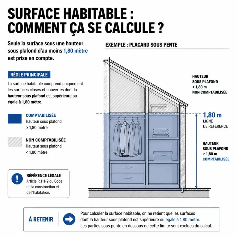 Schéma illustrant le calcul de la surface habitable et des placards selon la loi Boutin