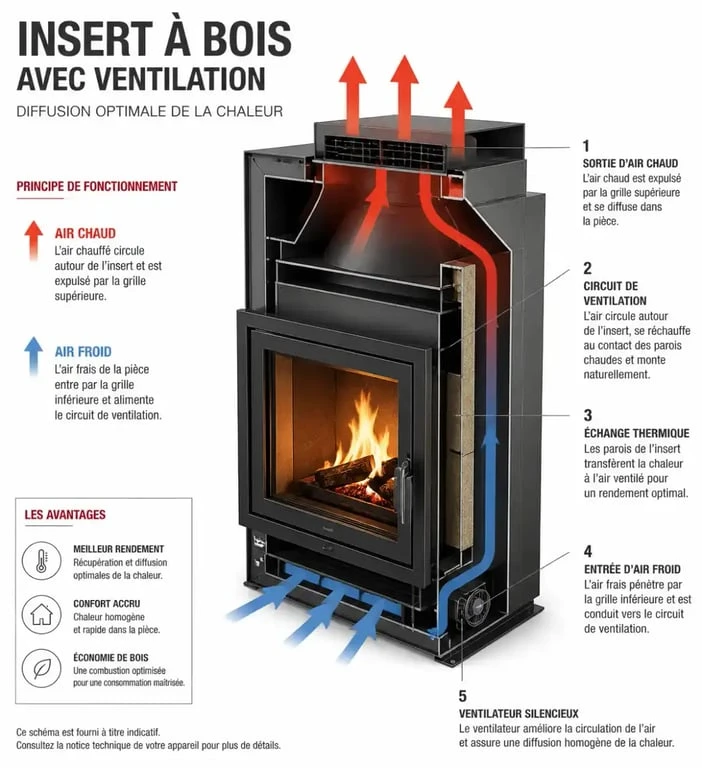 Schéma de fonctionnement d'un insert avec ventilateur montrant la convection forcée