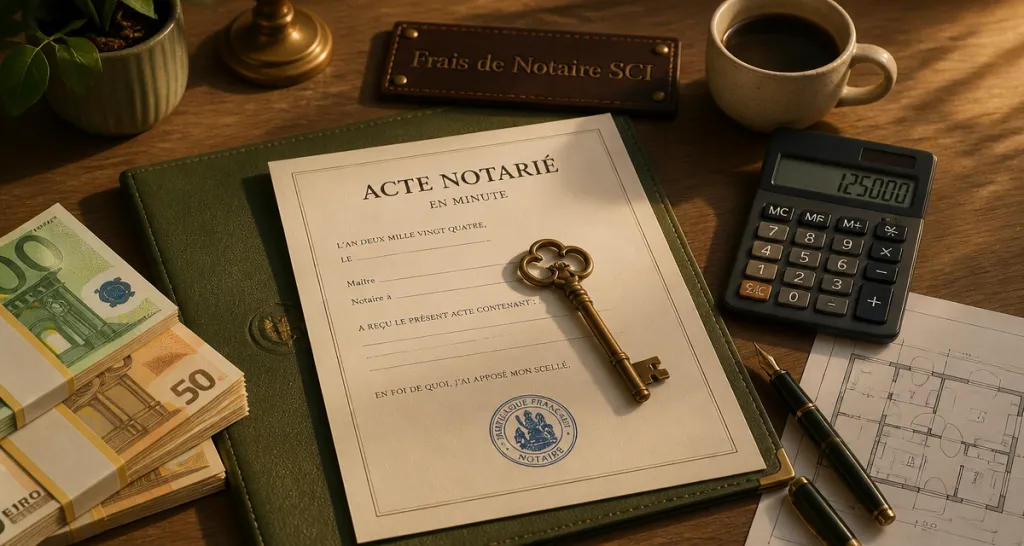Frais de notaire pour une SCI, bureau avec acte et calculatrice