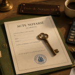 Frais de notaire pour une SCI, bureau avec acte et calculatrice