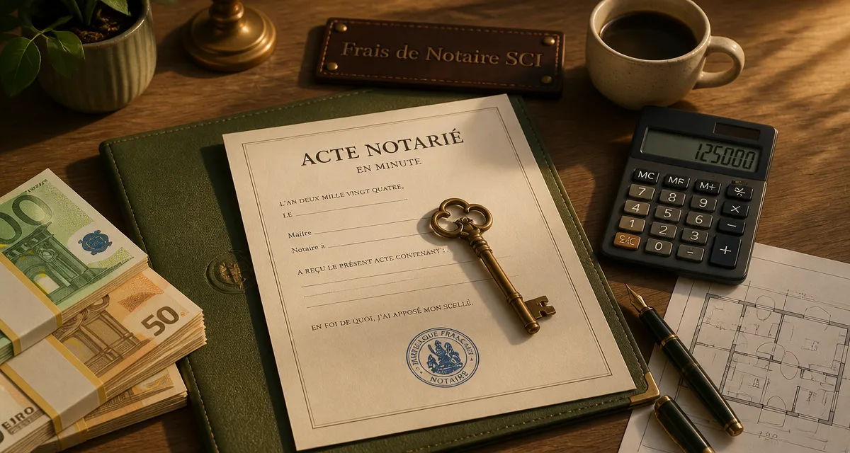 Frais de notaire pour une SCI, bureau avec acte et calculatrice