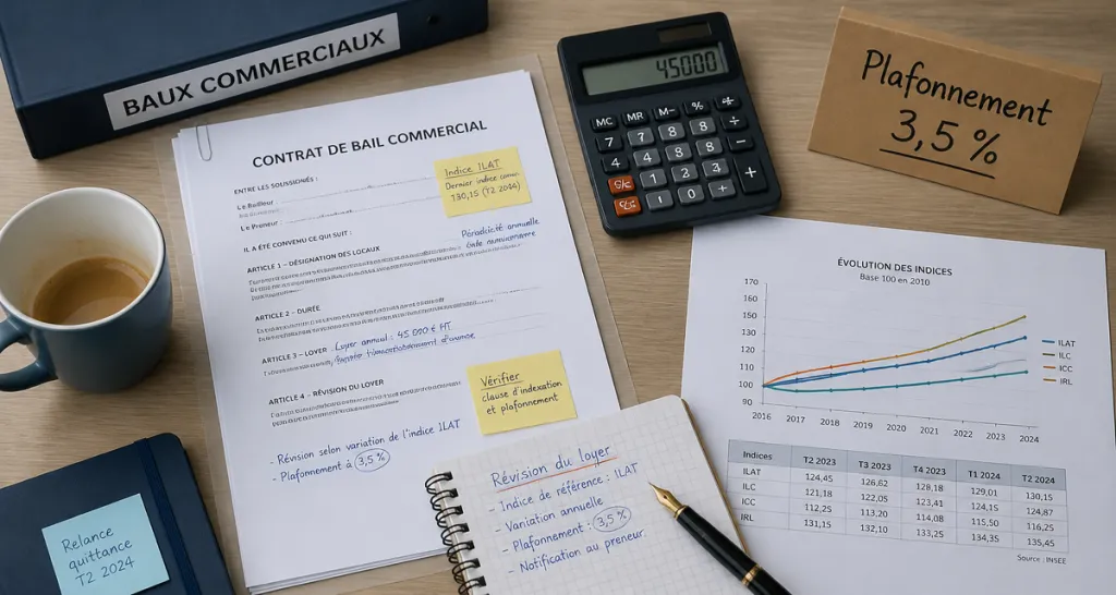 plafonnement des loyers commerciaux 2025 bureau gestion locative flat-lay