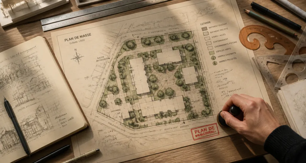 plan masse sur bureau d'architecte