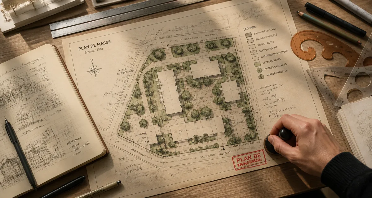 plan masse sur bureau d'architecte