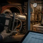 Prix remplacement brûleur fioul : technicien tient un brûleur neuf en chaufferie
