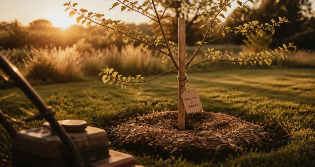 Quel arbre planter au milieu d'une pelouse : cercis, jeune arbre et cuvette paillée autour