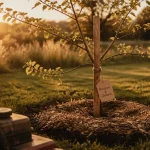 Quel arbre planter au milieu d'une pelouse : cercis, jeune arbre et cuvette paillée autour