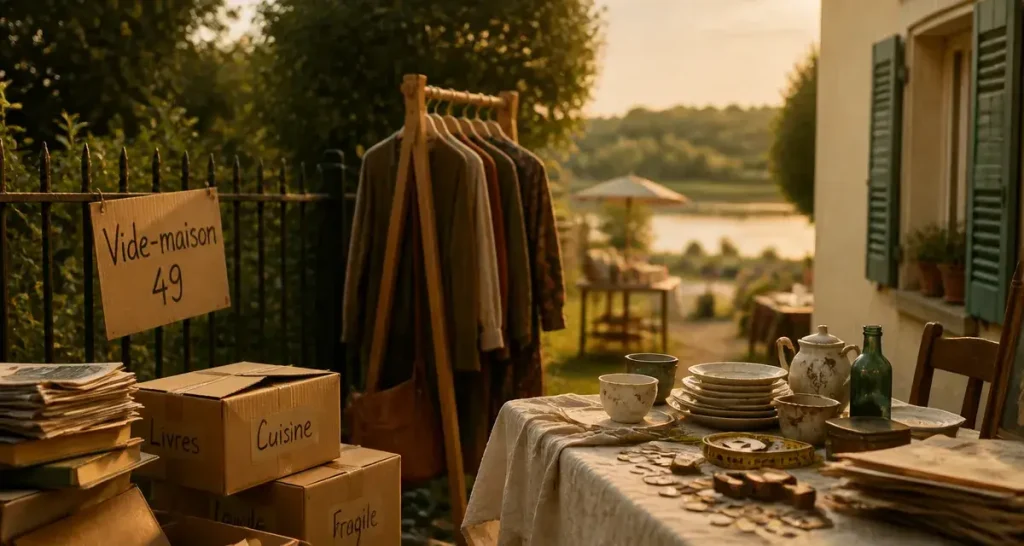Vide maison 49 en Anjou : cartons, vaisselle et mètre ruban, ambiance chine
