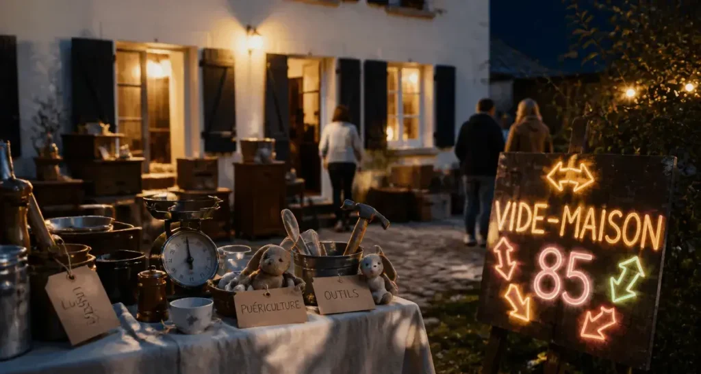 Vide maison 85 en Vendée : table d’objets et panneau “VIDE-MAISON 85”